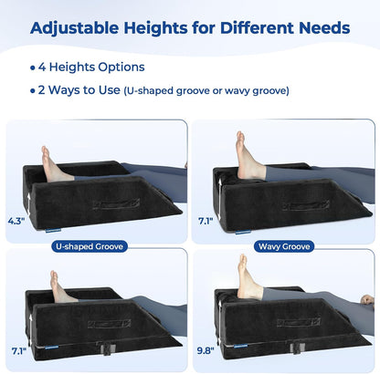 KingPavonini 4-Height Adjustable Leg Elevation Pillows for After Surgery | Soft Yet Supportive Memory Foam, Fits Various Heights, Relieve Pain & Swelling, 4 Handles & Insert Pad, Washable Velvet Cover