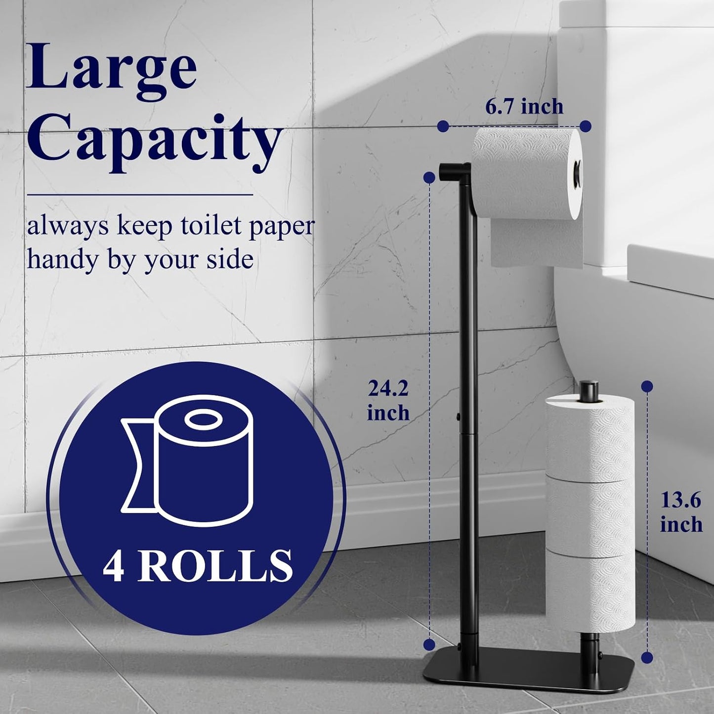 Kitsure Toilet Paper Holder Stand, Bathroom Storage, Medium, Black | Large Capacity Toilet Paper Holder for 4 Rolls, Rustproof Toilet Paper Holder Free Standing, Non-Slip Stable Base