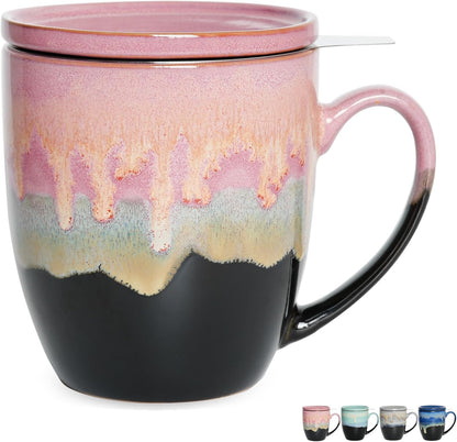 Bosmarlin Ceramic Tea Cup with Infuser and Lid, 16 Oz, 4 Color to Choose Dishwasher and Microwave Safe, Steeping Tea Mug with Strainer (Blue)