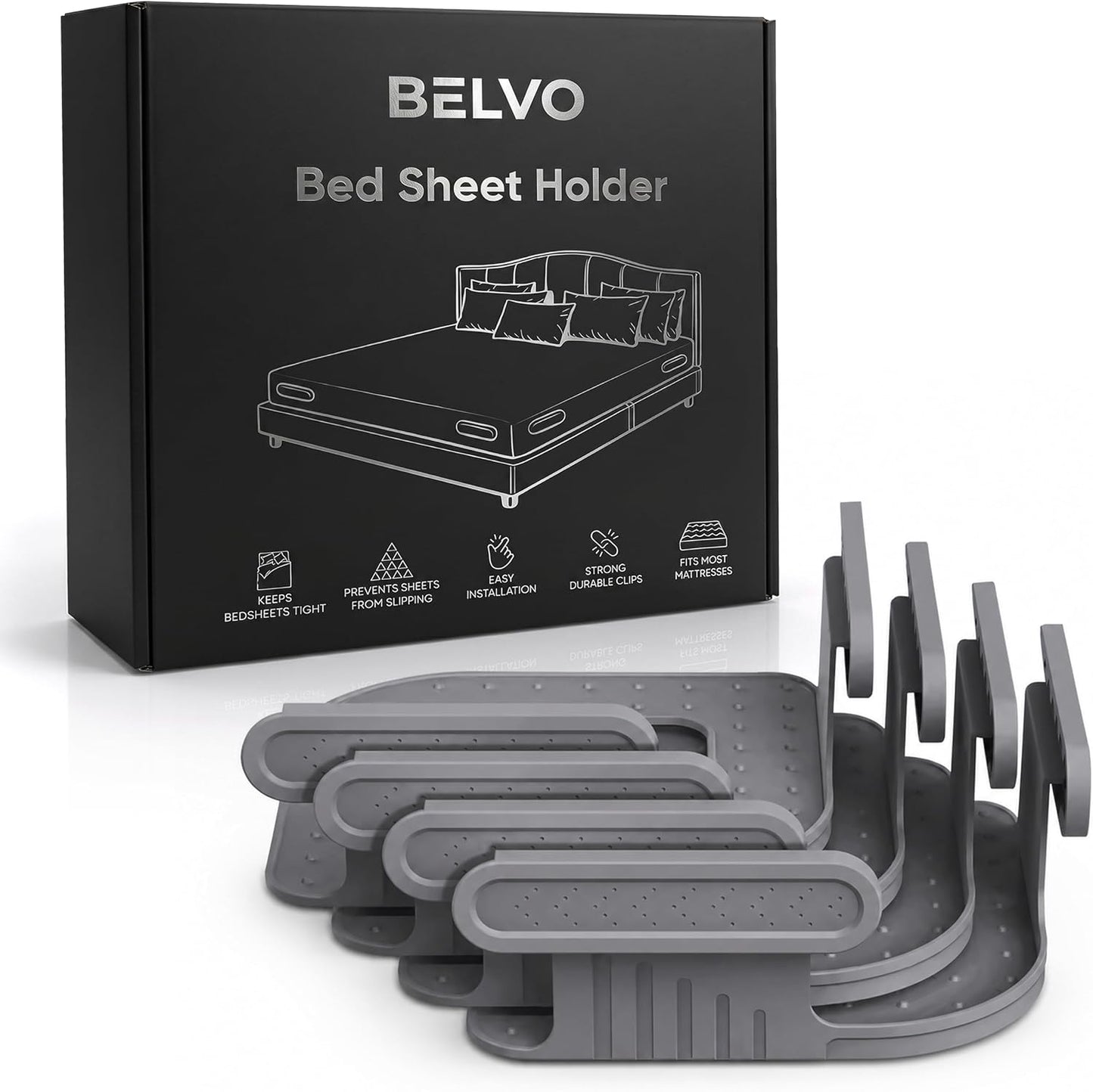 Belvo Bed Sheet Holder Straps with Lock – Bed Sheet Holders for Corners, Fitted Sheet Clips & Fasteners, Keeps Sheets Tight & Secure, Adjustable Sheet Grippers for Twin Full Queen King Beds – Grey