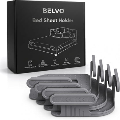 Belvo Bed Sheet Holder Straps with Lock – Bed Sheet Holders for Corners, Fitted Sheet Clips & Fasteners, Keeps Sheets Tight & Secure, Adjustable Sheet Grippers for Twin Full Queen King Beds – Grey