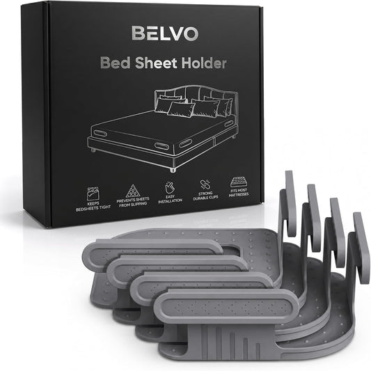 Belvo Bed Sheet Holder Straps with Lock – Bed Sheet Holders for Corners, Fitted Sheet Clips & Fasteners, Keeps Sheets Tight & Secure, Adjustable Sheet Grippers for Twin Full Queen King Beds – Grey