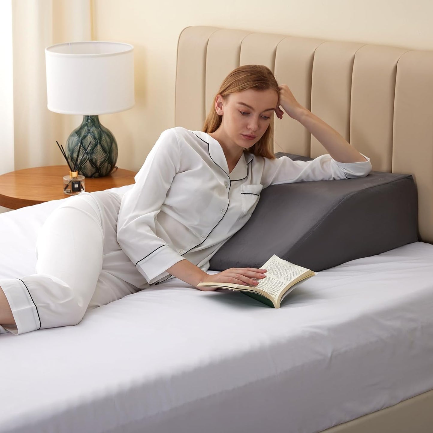 Bedluxe Leg Pillow Elevation Blood Circulation, Wedge Pillow for Legs Swelling, Leg Elevating Wedge Pillow for After Surgery, Foot Knee Pillow for Leg Rest, Sleeping, Memory Foam Top, 8in, White/Grey
