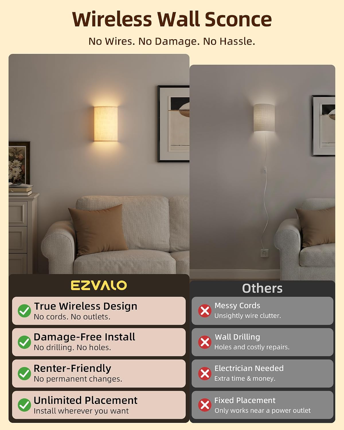 EZVALO Battery Operated Wall Sconce, Rechargeable Wall Sconces Set of Two with Remote, Peel and Stick Wireless Wall Lights, 3 Color & 80 RGB, Dimmable, Timer, Fabric Linen Wall Mount Lamp for Bedroom