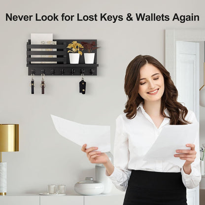 Lwenki Key Holder for Wall – Decorative Wooden Mail Holder and Key Shelf with Mounting Hardware, Installation Guide – Paulownia Wood with Metal Key Hooks (Black, Large - 11.8inch)