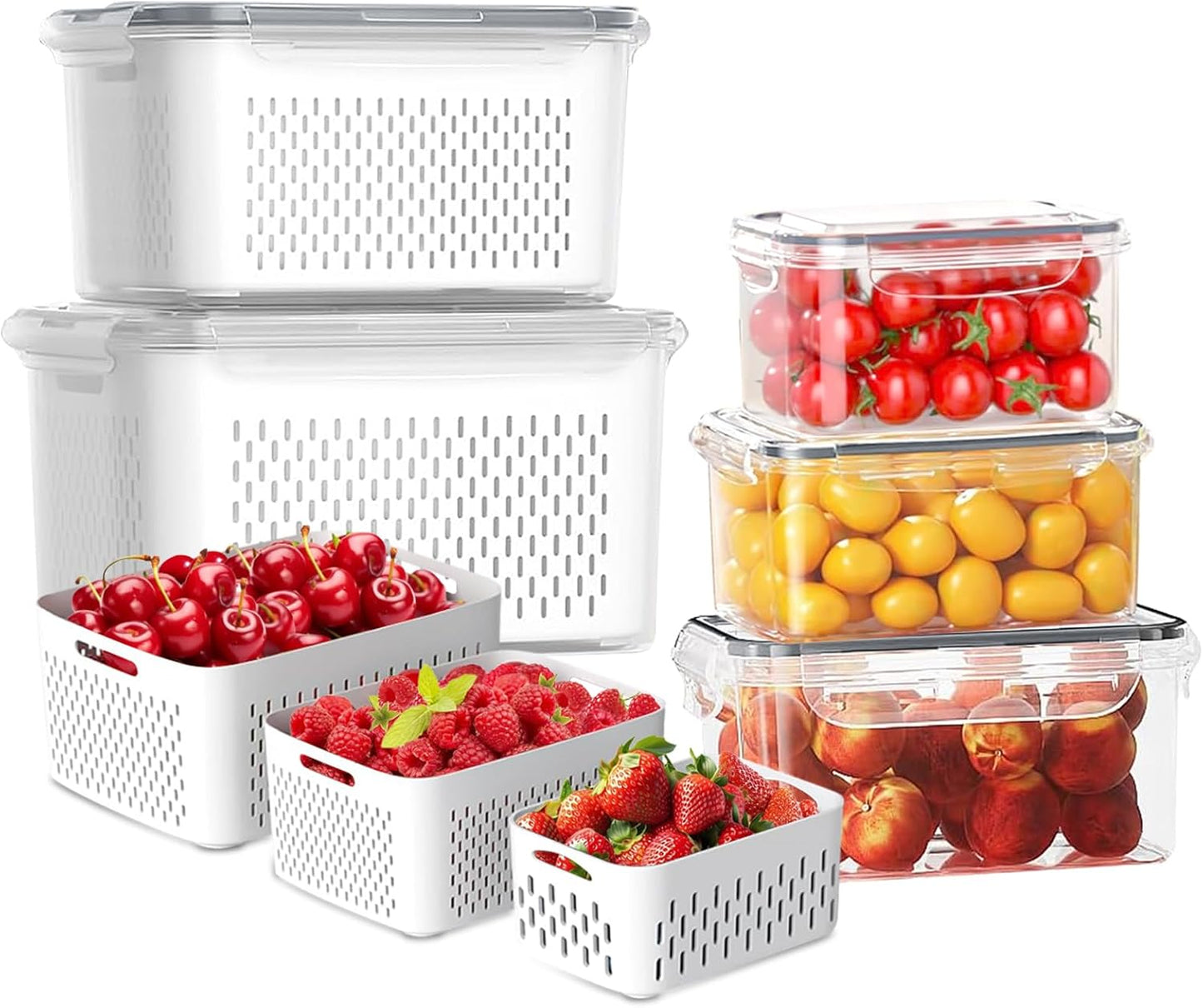 5 PCS Fruit Storage Containers for Fridge, Leakproof Food Storage Containers with Removable Colander, Dishwasher & Microwave Safe, Produce Saver Container Keep Berry Fruit Vegetable Fresh Longer