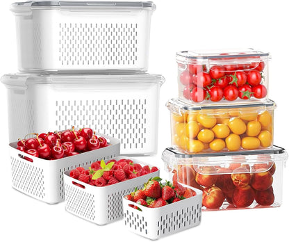 5 PCS Fruit Storage Containers for Fridge, Leakproof Food Storage Containers with Removable Colander, Dishwasher & Microwave Safe, Produce Saver Container Keep Berry Fruit Vegetable Fresh Longer