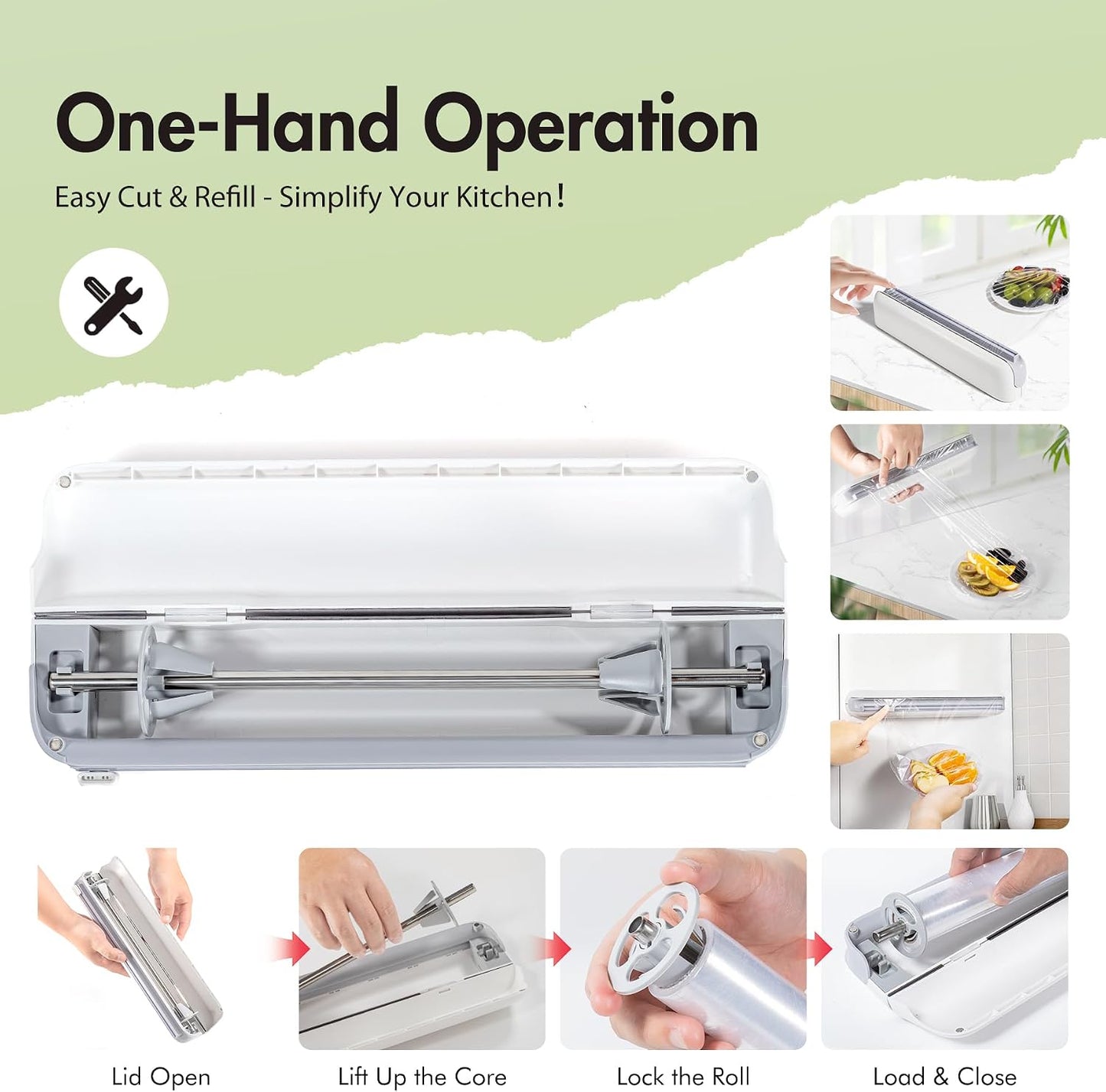 Aluminum Foil & Plastic Wrap Dispenser with Cutter - Easy One-Hand Operation, Space-Saving Kitchen Organizer for Worktops & Cabinets, Magnetic Cling Film Dispenser - Fits 12" Rolls, Gray