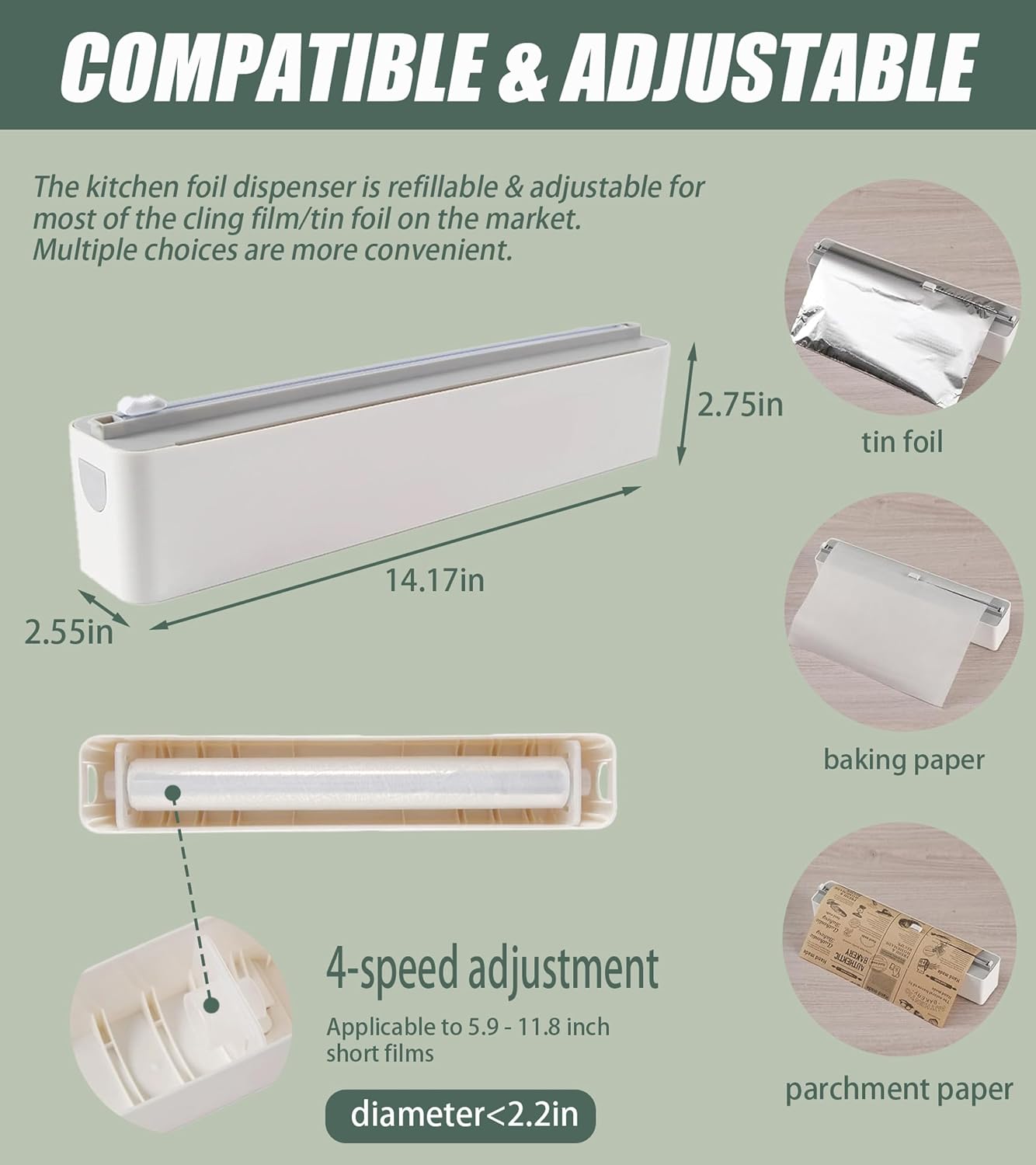 Magnetic Plastic Wrap Dispenser with Cutter for Kitchen. | Fits 12" Rolls. Strong Magnetic Mount for Fridge or Metal Surfaces. Hidden Blade. Dual Mounting: Magnetic + Adhesive Hooks.