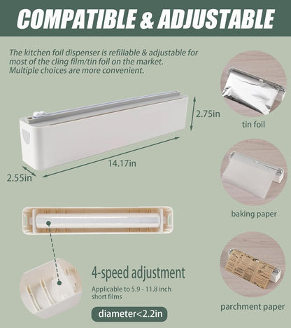 Magnetic Plastic Wrap Dispenser with Cutter for Kitchen. | Fits 12" Rolls. Strong Magnetic Mount for Fridge or Metal Surfaces. Hidden Blade. Dual Mounting: Magnetic + Adhesive Hooks.