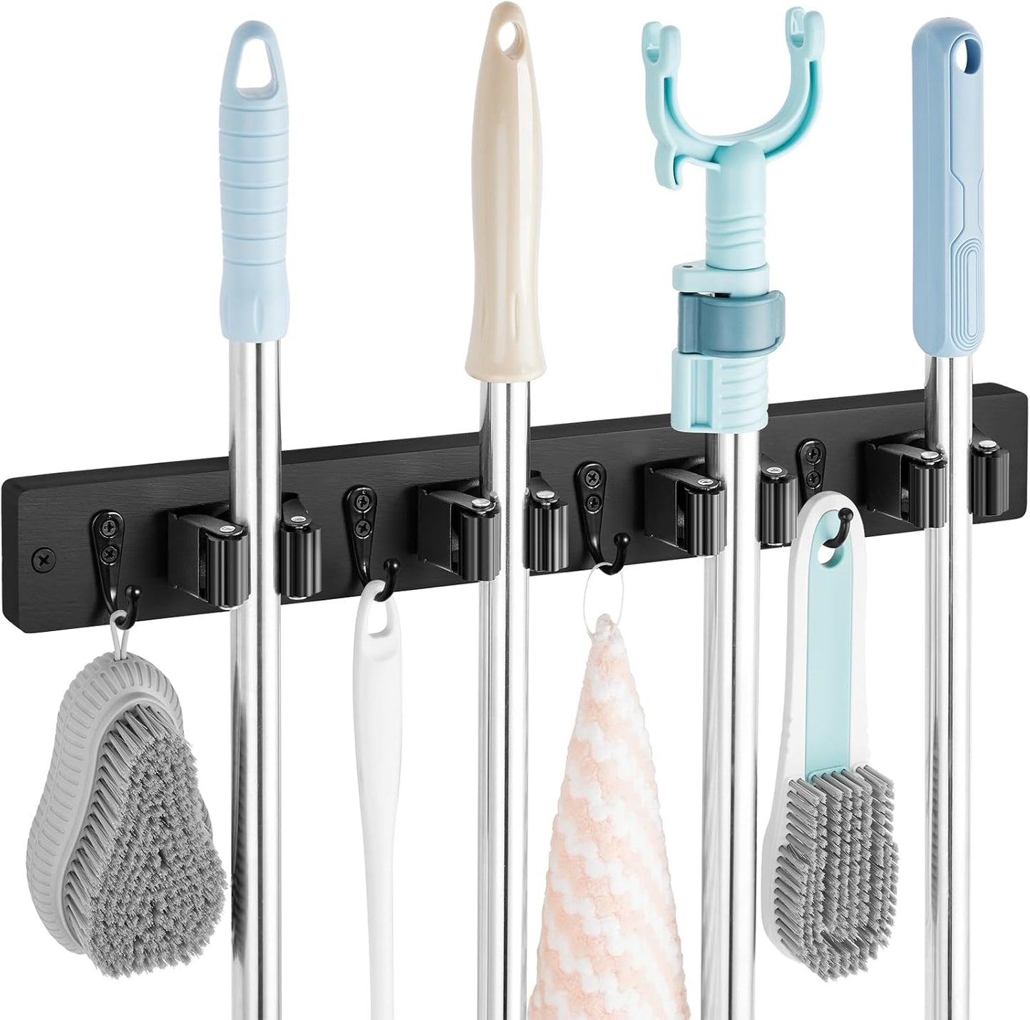 OUTNILI Mop and Broom Holder Wall Mount - Wood Broom Mop Hanger - Wall Mounted Garden Tool Rack Organizer for Closet Garage Laundry Room, Rustic Kitchen Decor With 4 Slots & 4 Hooks