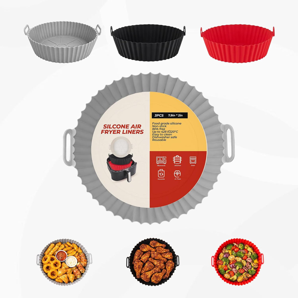 SAMNATE 3pcs Air Fryer Liners reusable - silicone air fryer liners, AirFryer Accessories, Air Fryer Silicone Liner - reusable airfryer liners - air fryer pans - airfryer liners