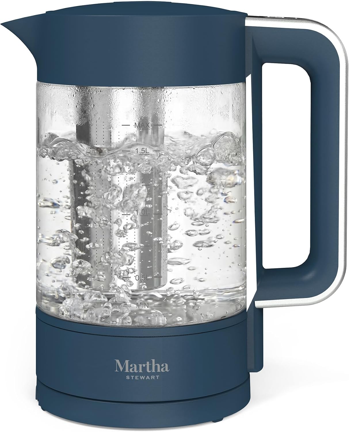 Martha Stewart 1.7L Glass Carafe Electric Kettle with Removable Tea Infuser | 7 Cups, 4 Presets, Rapid Boiling, Stainless Steel Tea Leaf Infuser, Cordless Swivel Base, Keep Warm, Auto Shut-Off, Linen