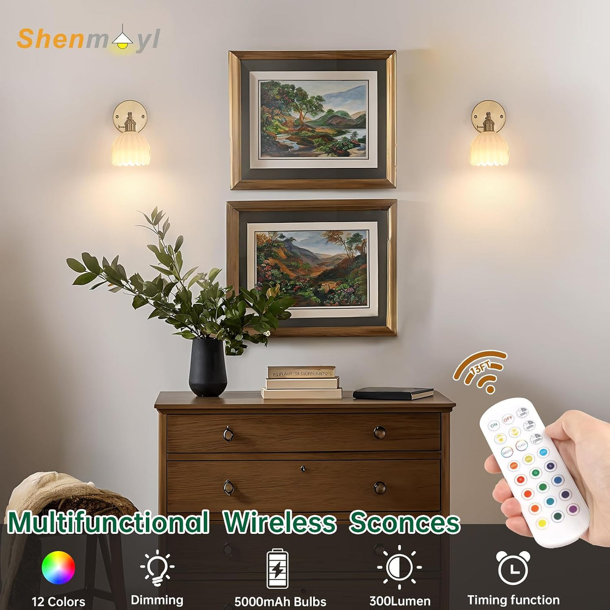 Shenmoyl Vintage Battery Operated Wall Sconce with Green Tulip Glass Lampshade Rechargeable Battery Powered Wall Light with Remote Control for Bedside Bedroom Doorway