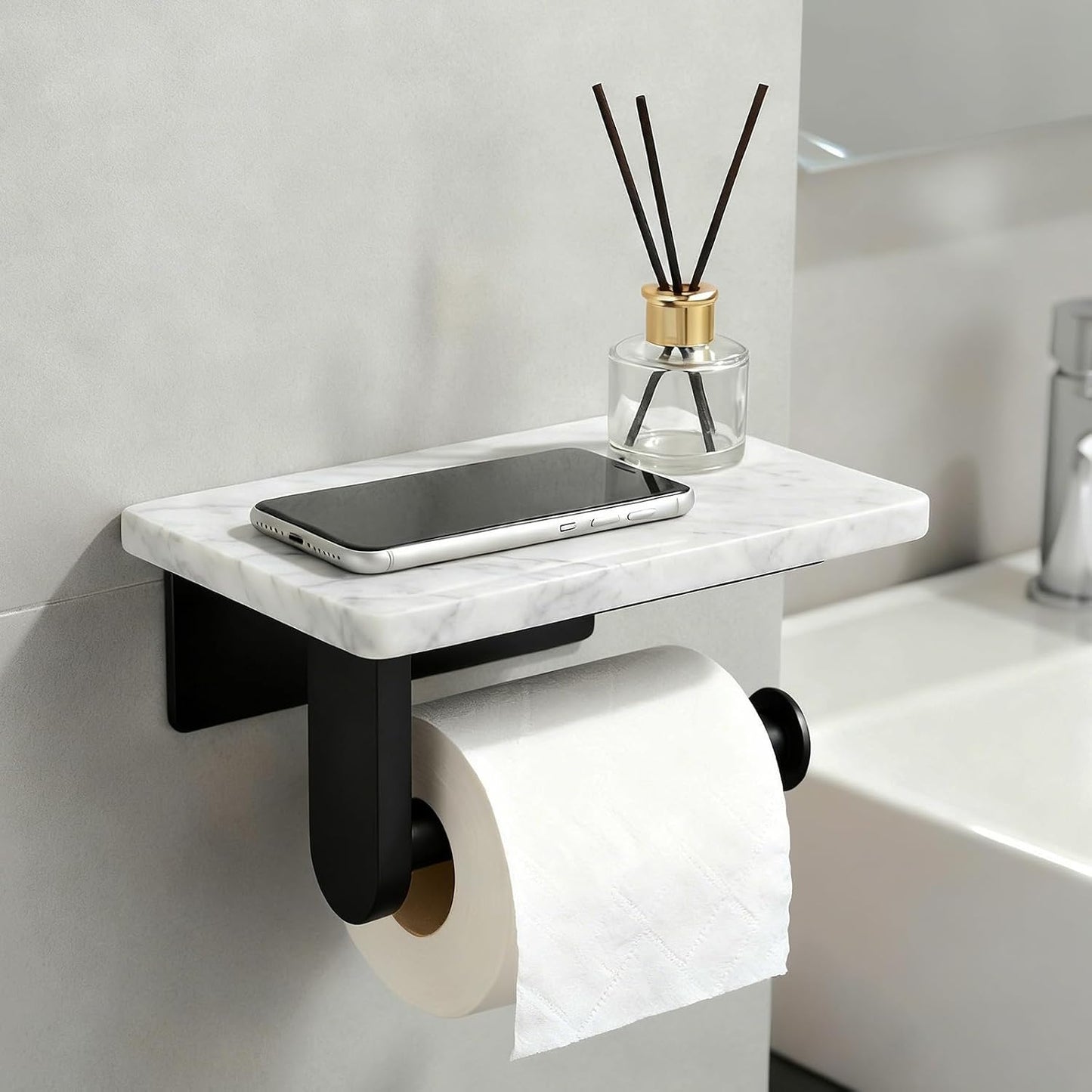 Toilet Paper Holder with Natural Marble Shelf for Bathroom Washroom,Wall Mounted Tissue Holder Suitable for Mega Roll (Brushed Nickel,Small 6.7 * 4.3 in)