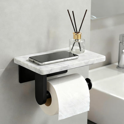 Toilet Paper Holder with Natural Marble Shelf for Bathroom Washroom,Wall Mounted Tissue Holder Suitable for Mega Roll (Brushed Nickel,Small 6.7 * 4.3 in)