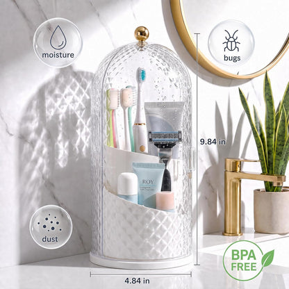 Toothbrush Holder with Cover for Bathroom Countertop, Organizer, White | Rotating 3 Slot Holder for Electric Toothbrushes, Toothpaste, Self Draining Vanity Organizer, Makeup Brush Storage