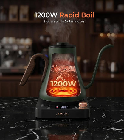 Epeios Electric Kettle, Gooseneck Electric Kettle with ±1°F Temperature Control, 1200W Rapid Heating for Pour Over Coffee & Tea, 304 Stainless Steel Interior, Auto Shut-Off, 0.9L, Black | Rapid Heating, Precision Pour-Over for Coffee & Tea,Smart Hot