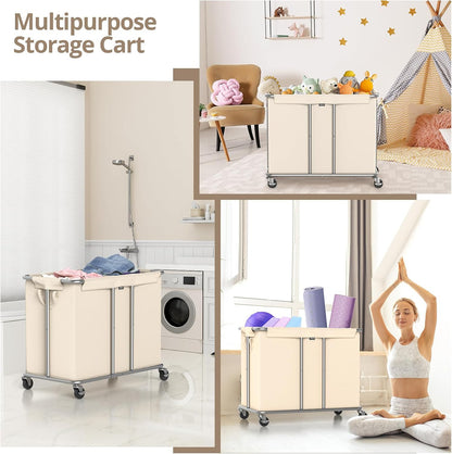 Hodonas Rolling Laundry Hamper 2-Section, Beige, 31.5"Lx15.75W"x30.7"H | 230L(61Gal) Storage Capacity, with Metal Structure, Removable Liner, and Silent Casters, Sturdy Clothes Hamper for Home