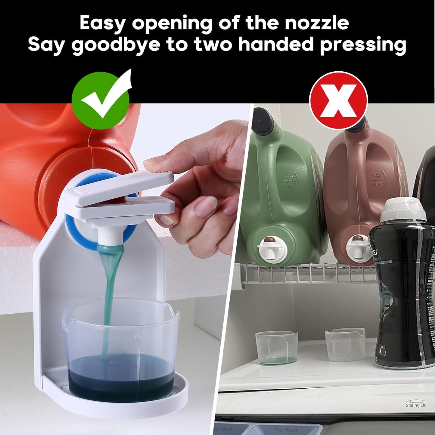 KMOUANTS 2 Pack Laundry Detergent Dispenser Cup Holder, Nozzle button upgrade，Easily No More runny or Messy Laundry Detergent, Laundry Cup Holder and drip Tray Room Organization and Storage