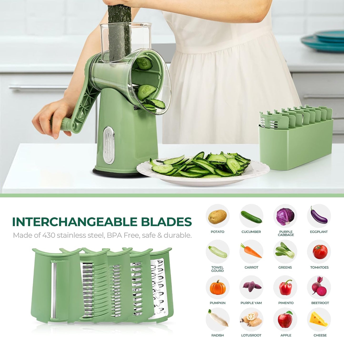 SUSTEAS Rotary Cheese Grater 5 Blades,Kitchen Mandoline Vegetable Slicer | White, Easy to Clean, Strong Suction Base, 5 Blades Storage Box, Round Mandoline Slicer & Food Chopper for Salad