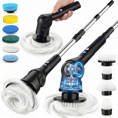 Electric Spin Scrubber, 3-Speed Shower Scrubber with Long Handle & 10 Replaceable Brush Heads, Cordless Full-Body IPX7 Waterproof Shower Cleaner Brush with 90 Mins Runtime for Bathroom