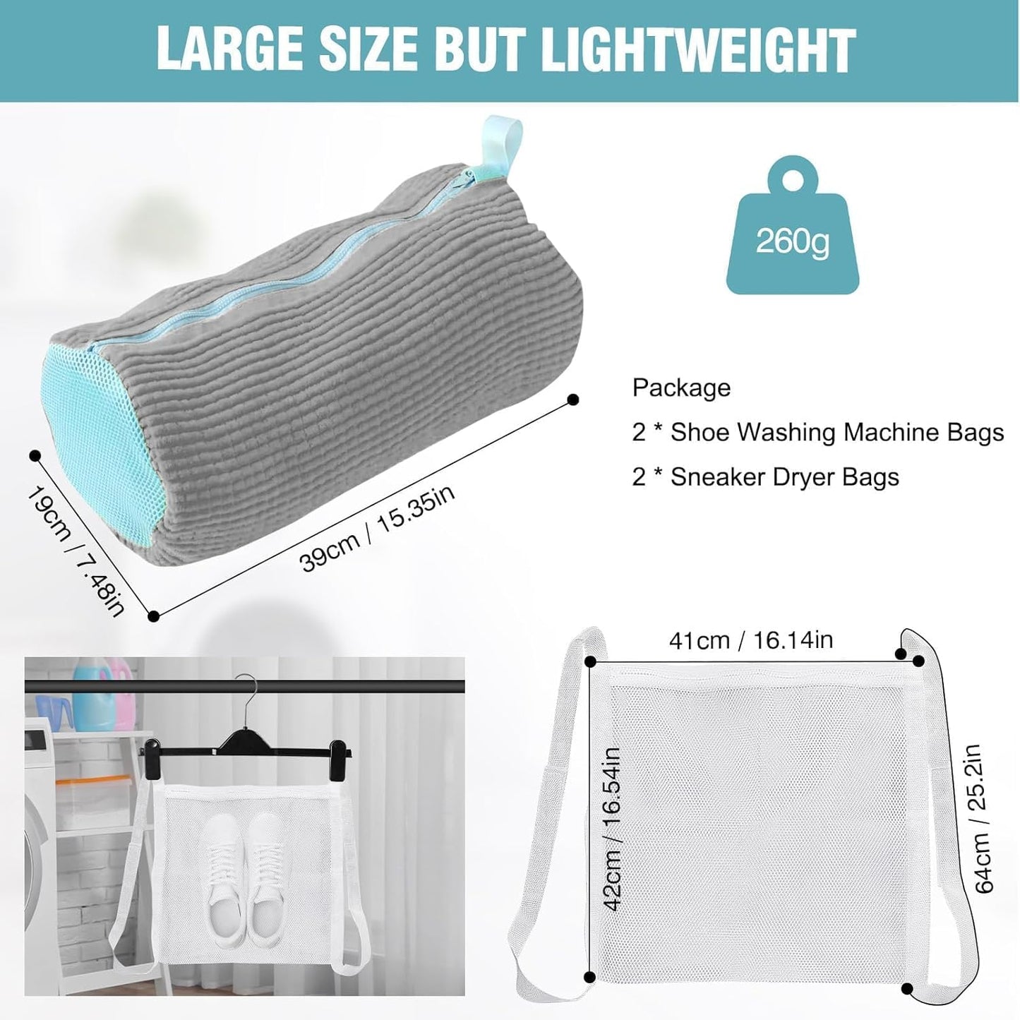 Shoe Washing Machine Bag, Shoe Laundry Bag for Washer and Dryer | 2 Pack Shoe Cleaning Bag for Sneakers & Tennis Shoes, XXL Size, Shoe Protection, Dry Bags, Zipper Hook, Travel & Dorm Storage