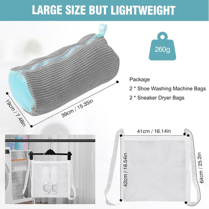 Shoe Washing Machine Bag, Shoe Laundry Bag for Washer and Dryer | 2 Pack Shoe Cleaning Bag for Sneakers & Tennis Shoes, XXL Size, Shoe Protection, Dry Bags, Zipper Hook, Travel & Dorm Storage