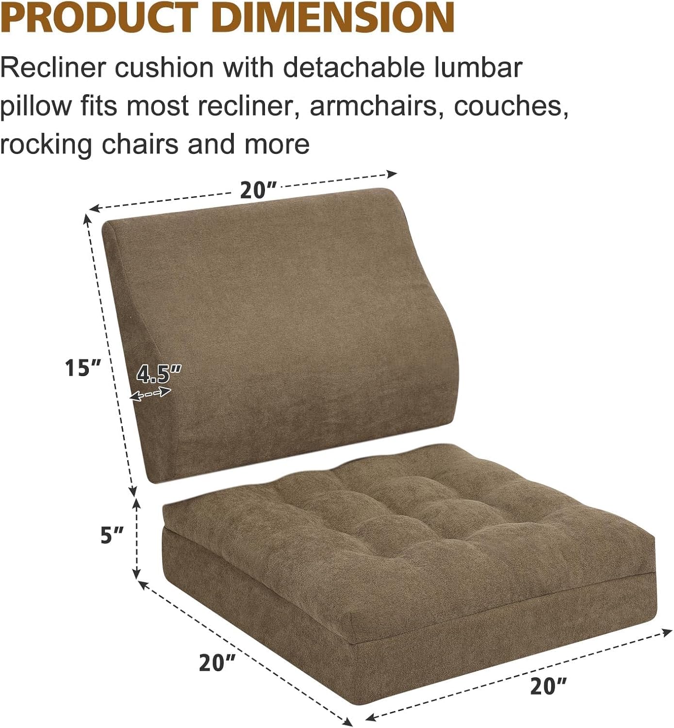Recliner Cushion for Elderly with Lumbar Support Pillow - 20x20x5 Inch Extra Thick Recliner Seat Cushion for Seniors Relief Back Pain and Tailbone Pain from Long Sitting Non-Slip Bottom