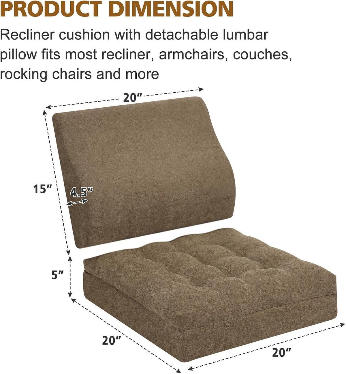 Recliner Cushion for Elderly with Lumbar Support Pillow - 20x20x5 Inch Extra Thick Recliner Seat Cushion for Seniors Relief Back Pain and Tailbone Pain from Long Sitting Non-Slip Bottom