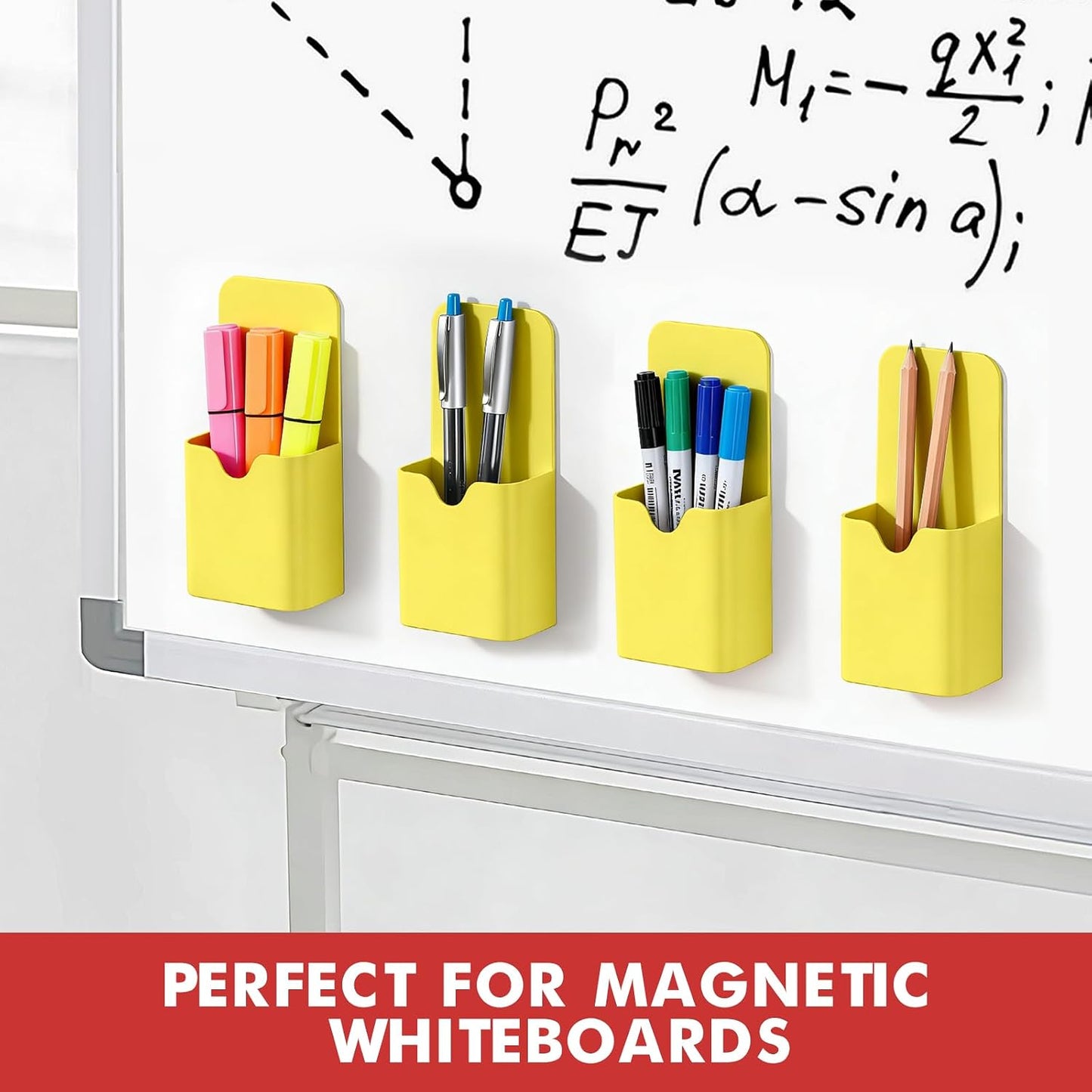 BEYGORM Magnetic Pen Holder for Refrigerator, Pencil Cup Organizer (Black) | Upgraded 1.5mm thick magnetic backing for whiteboards, lockers & fridge; 4 Pcs dry erase marker holder for classroom & office