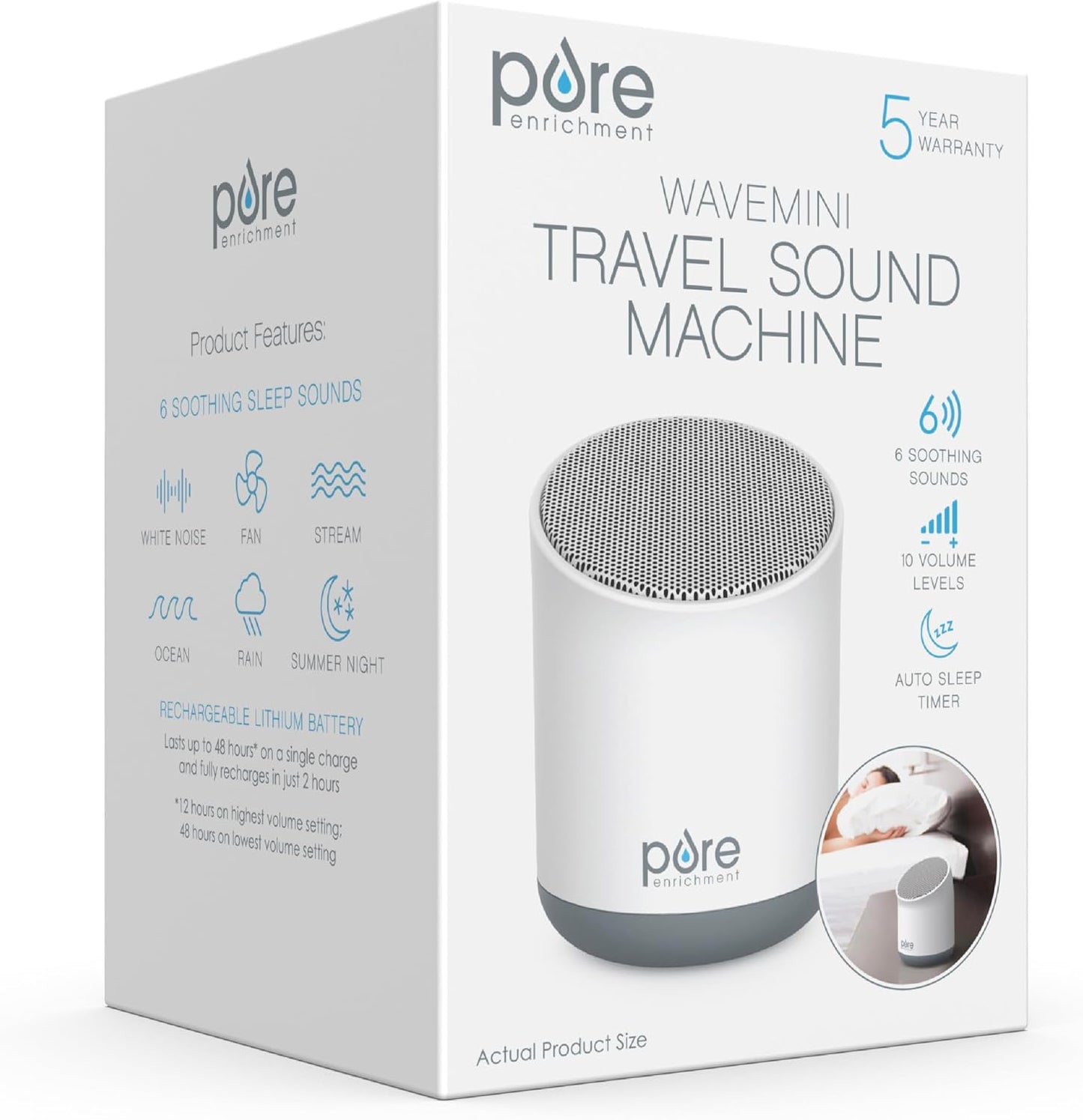 Pure Enrichment Wave Mini Travel Sound Machine - 6 Soothing Sounds Including White Noise, Seamless Loop Audio, Rechargeable Battery, 48 Hour Run Time, Optional Timer, and Storage Bag