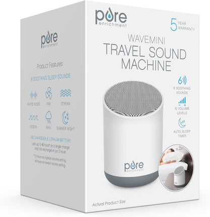 Pure Enrichment Wave Mini Travel Sound Machine - 6 Soothing Sounds Including White Noise, Seamless Loop Audio, Rechargeable Battery, 48 Hour Run Time, Optional Timer, and Storage Bag