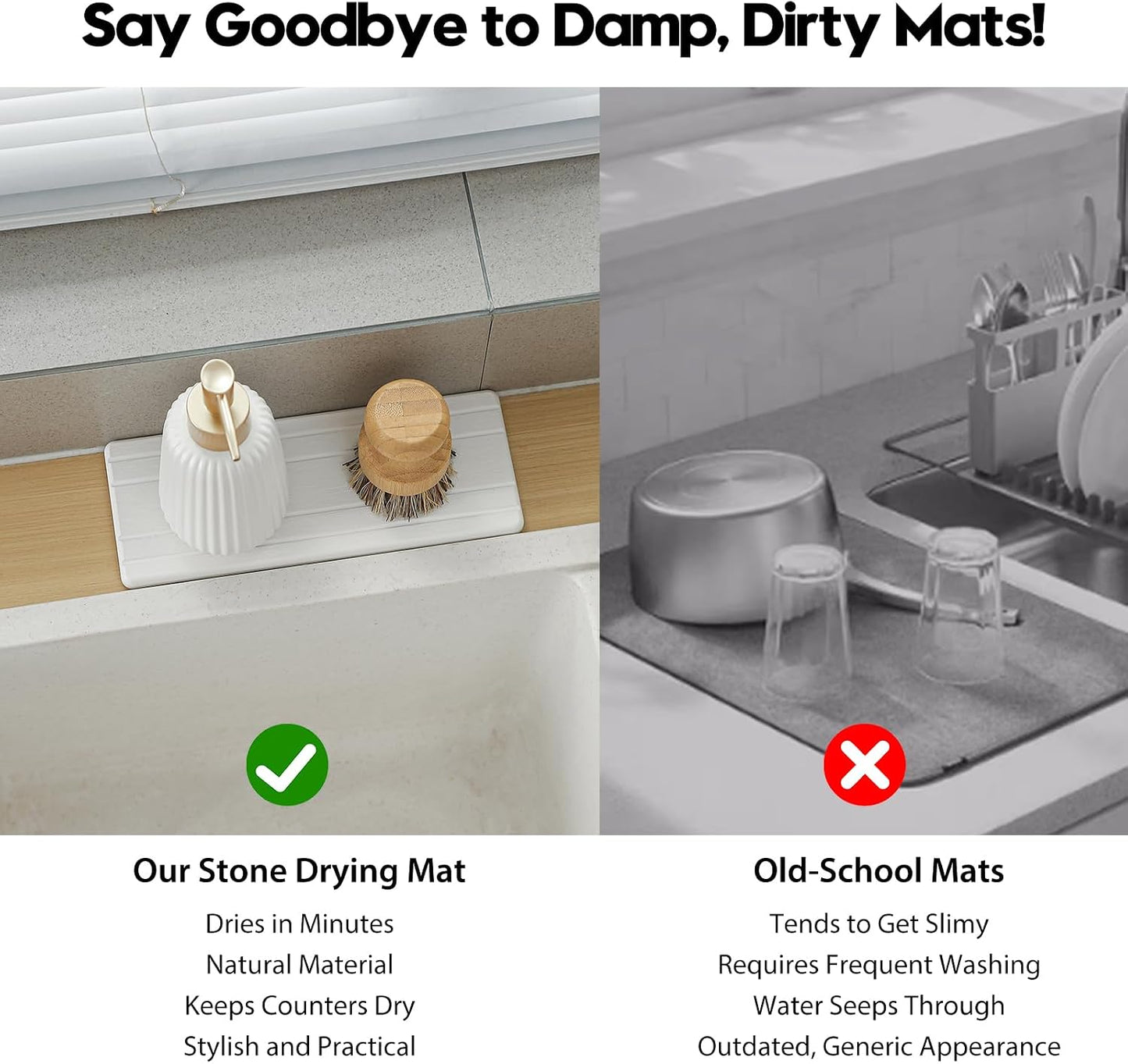 3 Pack Water Absorbent Diatomite Coasters, Stone Drying Mat for Kitchen Counter, Bathroom Sink Organizer Tray, Compact Vanity Rack, Soap Holder Caddy, Faucet Splash Guard, White 8"x3.8"