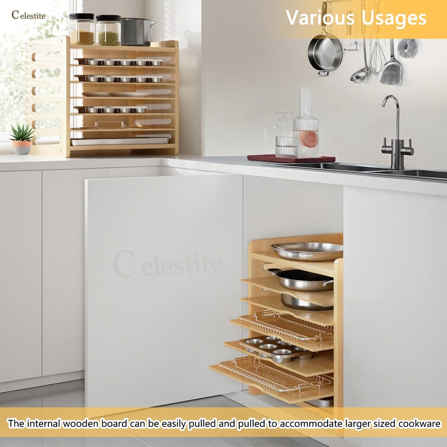 celestite Wooden Baking Sheet Organizer for Cabinet Baking Tray Organizer Cookie Sheet Organizer for Cabinet Kitchen Storage Organization Accessories