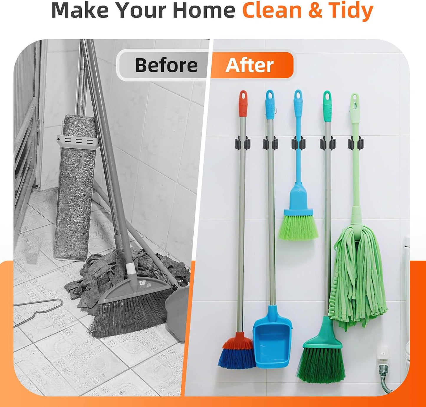5 PCS Broom Holder Wall Mount, Upgraded Heavy Duty Mop and Broom Holder Wall Mount, Stainless Steel Broom Hanger Mop Holder Rack for Kitchen Laundry Garden Tool Organizer