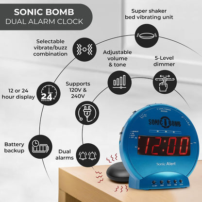 Sonic Alert Sonic Bomb Dual Alarm Clock with Bed Shaker, Black Vibrating Alarm Clock Heavy Sleepers, Battery Backup | Wake with a Shake