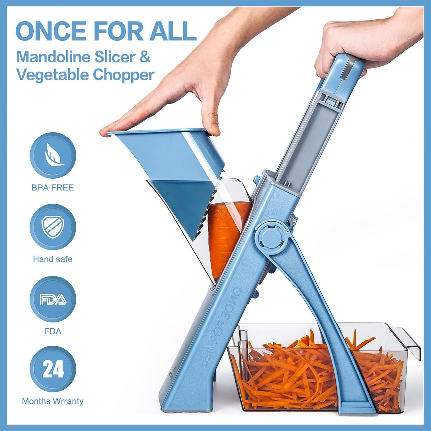 ONCE FOR ALL Safe Mandoline Slicer Plus, Bigger Size, Potato Slicer, Black | 0.1-8mm Adjustable Vegetable Food Chopper, Kitchen Mandoline Slicer Stainless Steel, Detachable Blade, Dishwasher-safe, Gift