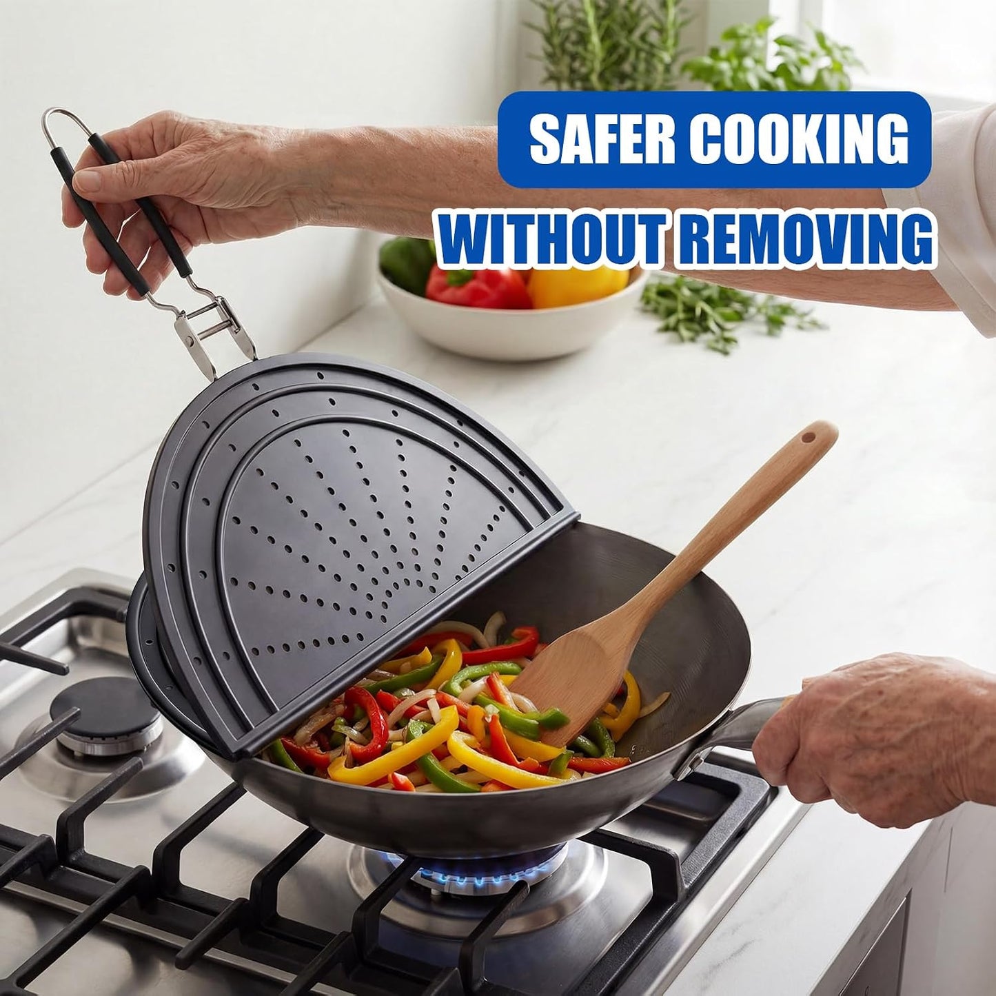 Snowyee Foldable Silicone Splatter Screen for Frying Pan, 13 Inch, Black | Foldable Design for Save Space, Reduces Oil Splatter, Lets Steam Escape, Fits 10-12 inch Pans, Dishwasher Safe, Easy to Clean
