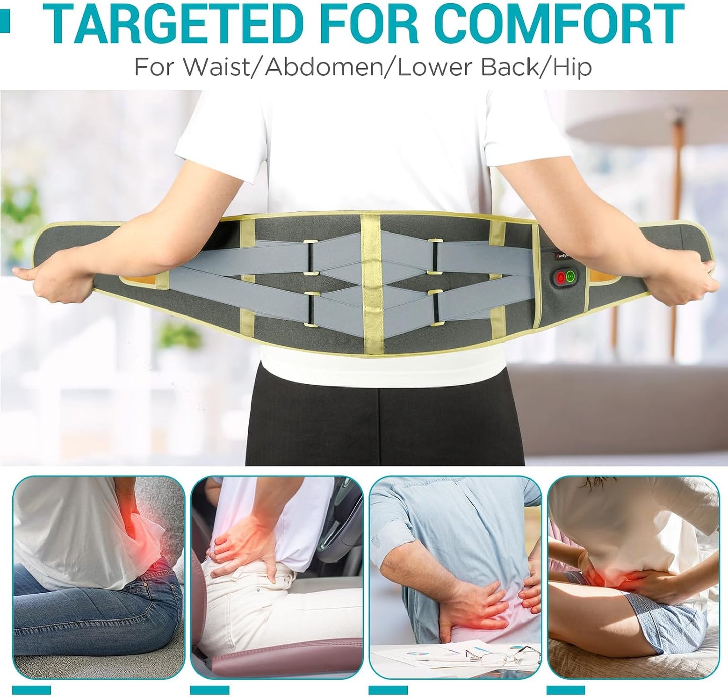 Comfytemp Cordless Heating Pad with Massager for Back, Gifts for Women Men | FSA Eligible HSA, Portable Lower Back Massager, Rechargeable Wireless Electric, Birthday Mom Dad Seniors 3 Heat 30mins, Grey