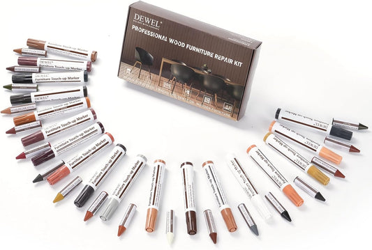DEWEL Furniture Touch Up Markers, 17-Piece Wood Repair Kit with Wax Sticks | 8 Wood Touch Up Markers + 8 Wax Filler Sticks + Sharpener; Maple, Oak, Cherry, Walnut, Mahogany, White, Gray & Black