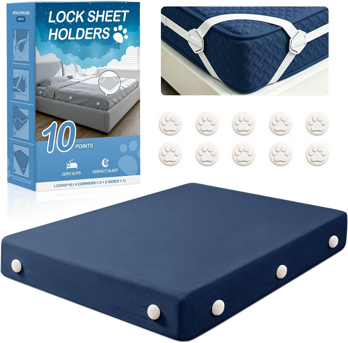 Bed Sheet Holders, Fitted Sheet Holder, 10 Twist-Locks, 360°Secure Fit