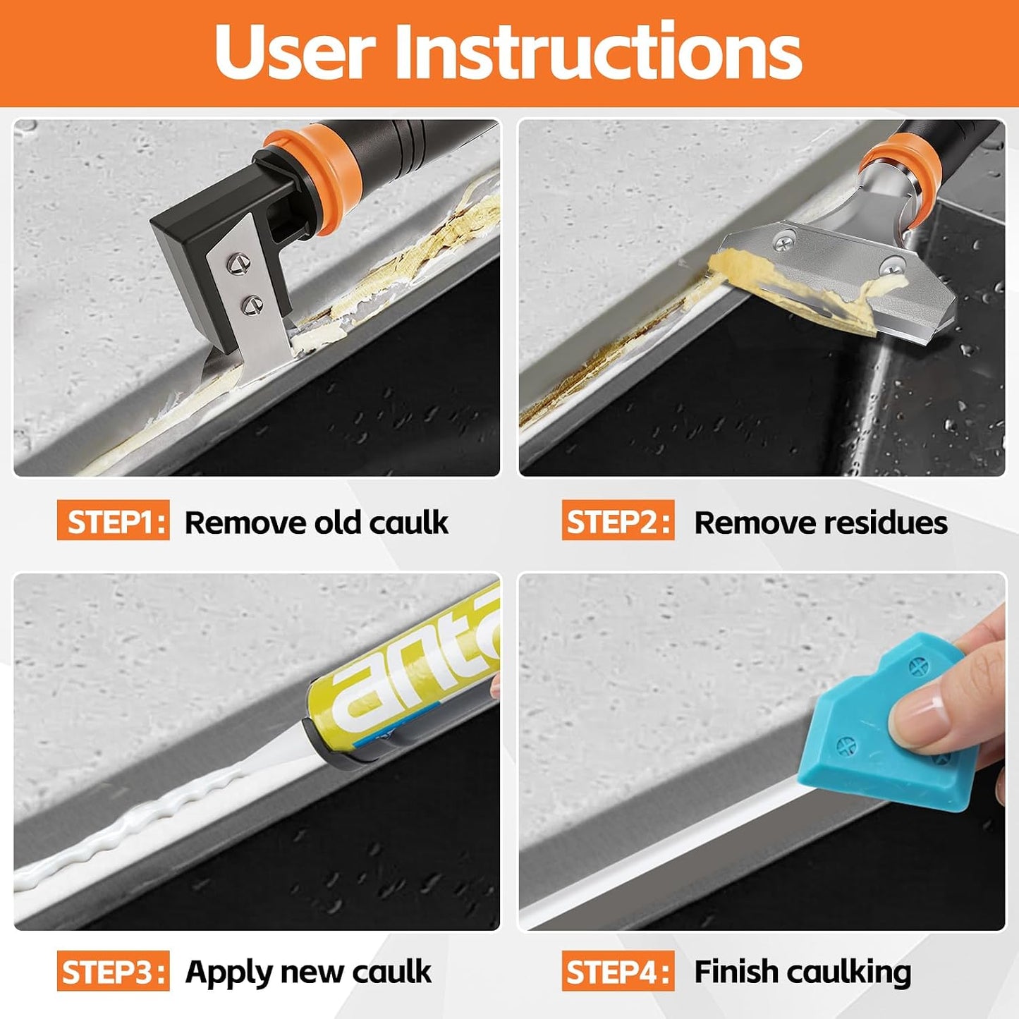 4 in 1 Caulking Tool Kit, Multi-Function Caulk Remover Tool(Orange) | Grout Removal Tool, Silicone Sealant Cleaner for Bathroom, Shower, Tile, Window, Household Caulk Kit