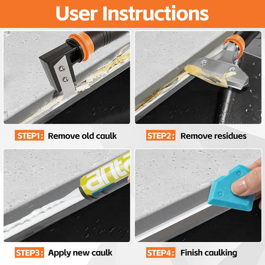 4 in 1 Caulking Tool Kit, Multi-Function Caulk Remover Tool(Orange) | Grout Removal Tool, Silicone Sealant Cleaner for Bathroom, Shower, Tile, Window, Household Caulk Kit