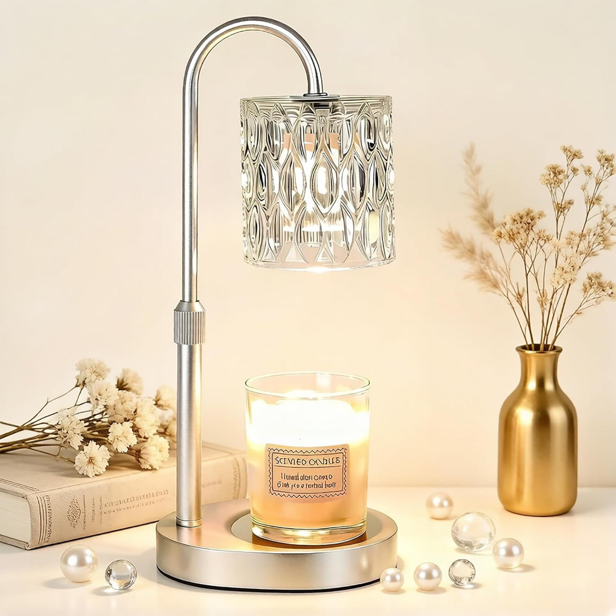 Dreamholder Electric Candle Warmer Lamp with Timer, Dimmable Candle Lamp with Adjustable Height, Wax Melter for Jar Candles Wood Base Floral Home Decor Gifts for Women Mom, Silver Glass