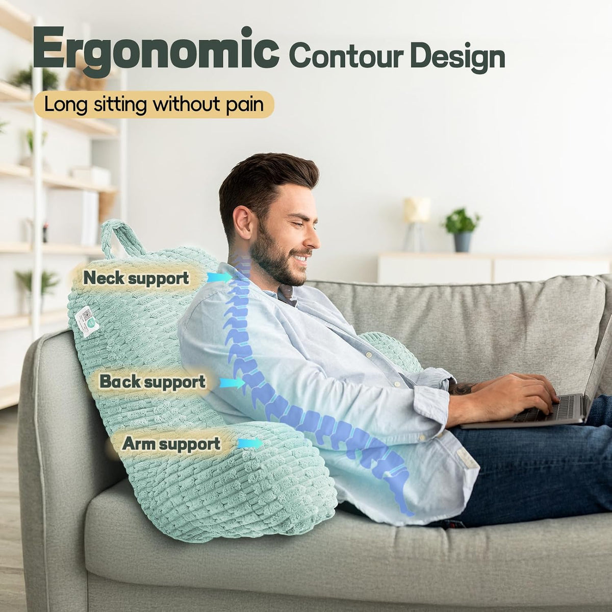 21" Higher Large Reading Pillow for Bed Adult, Back Pillow for Bed Sitting Up with Memory Foam Back Support with Arms Rest for Couch Chair Gray
