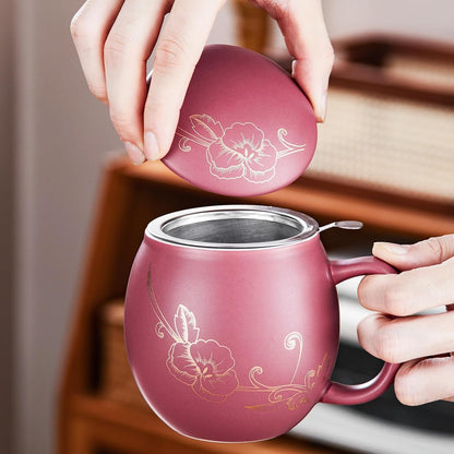 Yundu 12 OZ Matte Purple Ceramics Teacup with Infuser and Lid, Mug with Lid for Steeping - Stainless Steel Infuser for Loose Leaf Tea, Home Office Gift for Tea Lovers