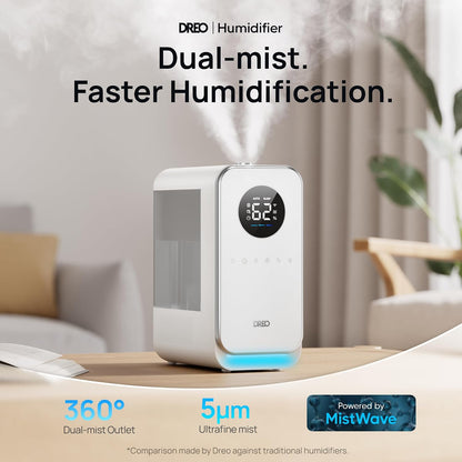 DREO Humidifiers for Bedroom, Top-filled Smart Quiet Cool Mist Humidifier for Large Room Home, Oil Diffuser & Nightlight, 50Hours Runtime for Indoor Plants, with Alexa/Google, White