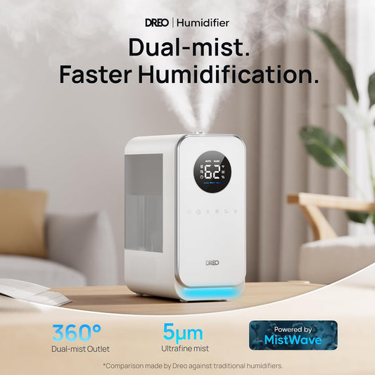DREO Humidifiers for Bedroom, Top-filled Smart Quiet Cool Mist Humidifier for Large Room Home, Oil Diffuser & Nightlight, 50Hours Runtime for Indoor Plants, with Alexa/Google, White