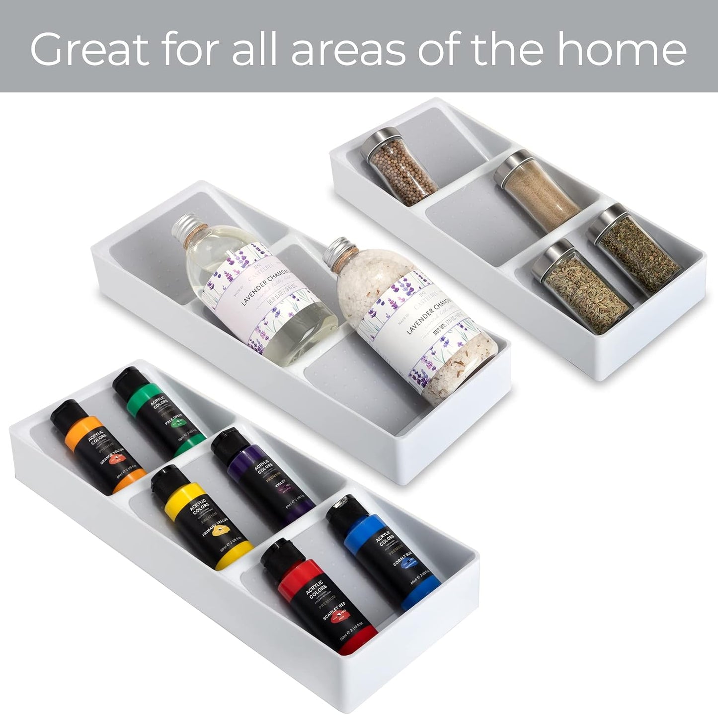 Smart Design 3 Section Plastic Spice Rack Drawer - Non-Slip Lining and Feet - BPA Free - Seasoning Jars, Makeup Storage, Countertop Bottle Tray, 3 Tier - Pantry Kitchen Organizer - White with Gray